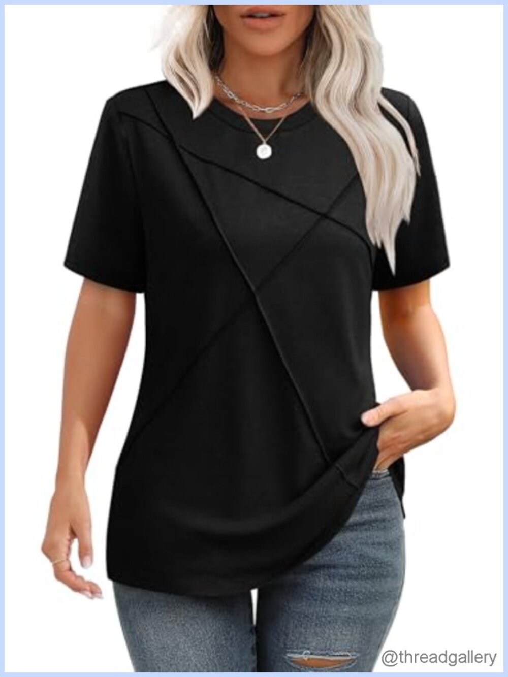 Womens Pleated Round Neck Short Sleeve Business Casual T-Shirt